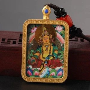 Tibetischer Thangka Anhänger gelb Jambhala grün Tara Gau Halskette Amulett - Bild 1 von 1