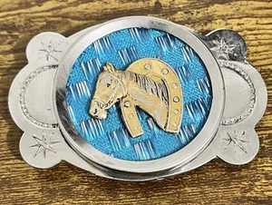 VINTAGE 1970s *Blue HorseShoe* OLD WEST COMMEMORATIVE BELT BUCKLE Made In Japan - Picture 1 of 6