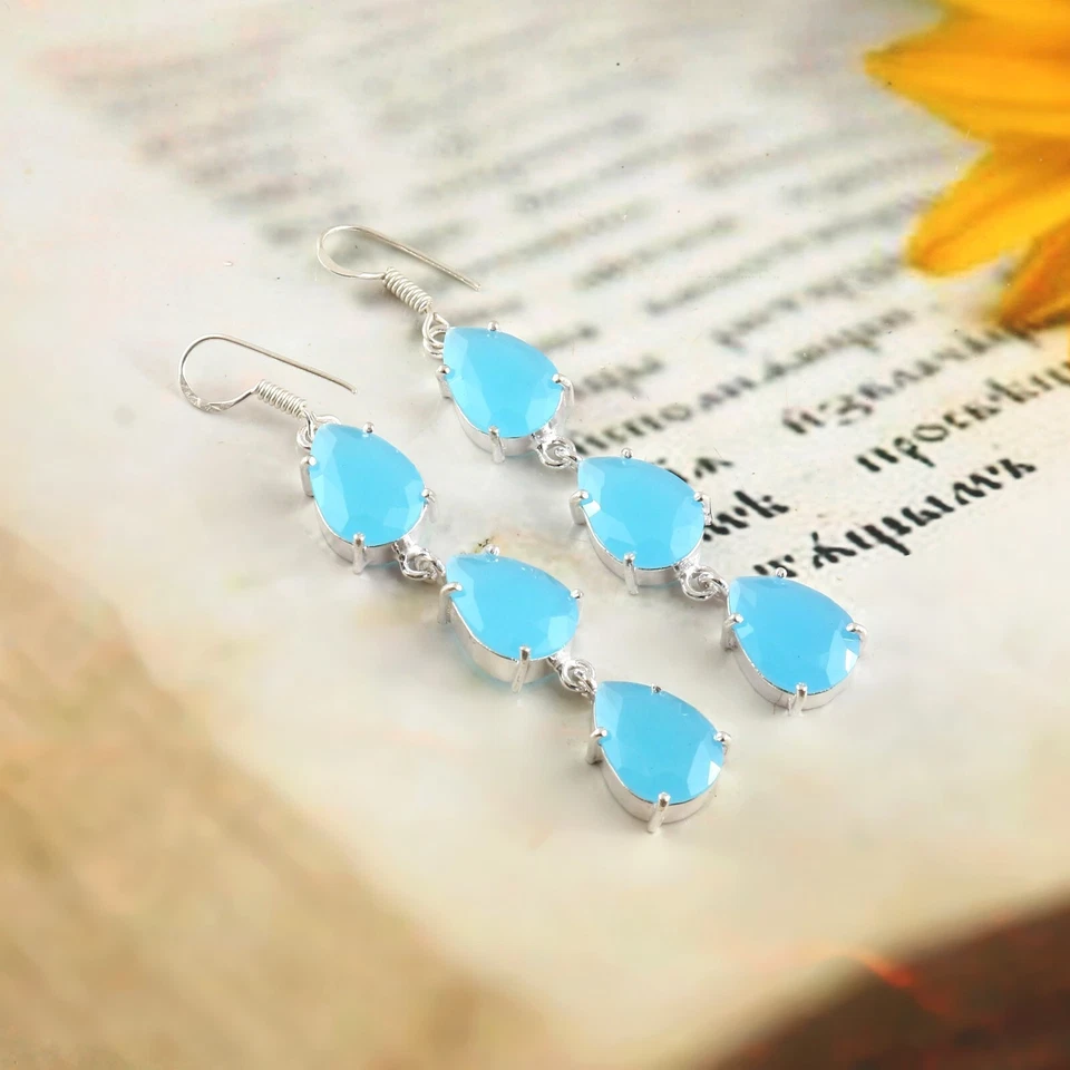 Blue Chalcedony Quartz Gemstone Silver Plated Dangle Earrings Jewelry 2.5" - Image 1 of 3