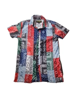 Surf Society Shirt Adult Mens Medium Red Black Green Patch Button Down Short - Picture 1 of 12
