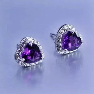2Ct Heart Cut Lab-Created Amethyst Women's Stud Earrings 14k White Gold Plated - Picture 1 of 10