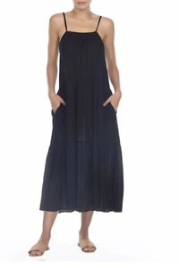 BOHO ME Black Tiered Side Pocket Square Neck Adjustable Strap Maxi Midi Dress S - Picture 1 of 2