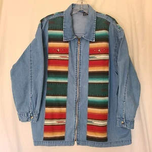 3XL Womens Denim full zip Shirt Blue Chambray Jacket Southwest colorful Motif - Picture 1 of 10