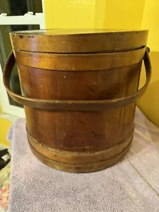 Riesiger antiker primitiver 14" Holz Furkin Eimer mit Schwenkgriff ~ Nachlass - Bild 1 von 14