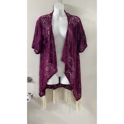 Lularoe Monroe kimono purple beige fringe lace Women’s Small - Image 1 of 3