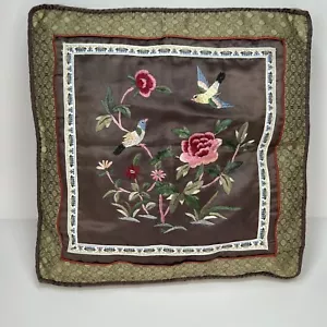 Vintage Chinese Silk Embroidery Pillow Floral & Birds Greens - Picture 1 of 6