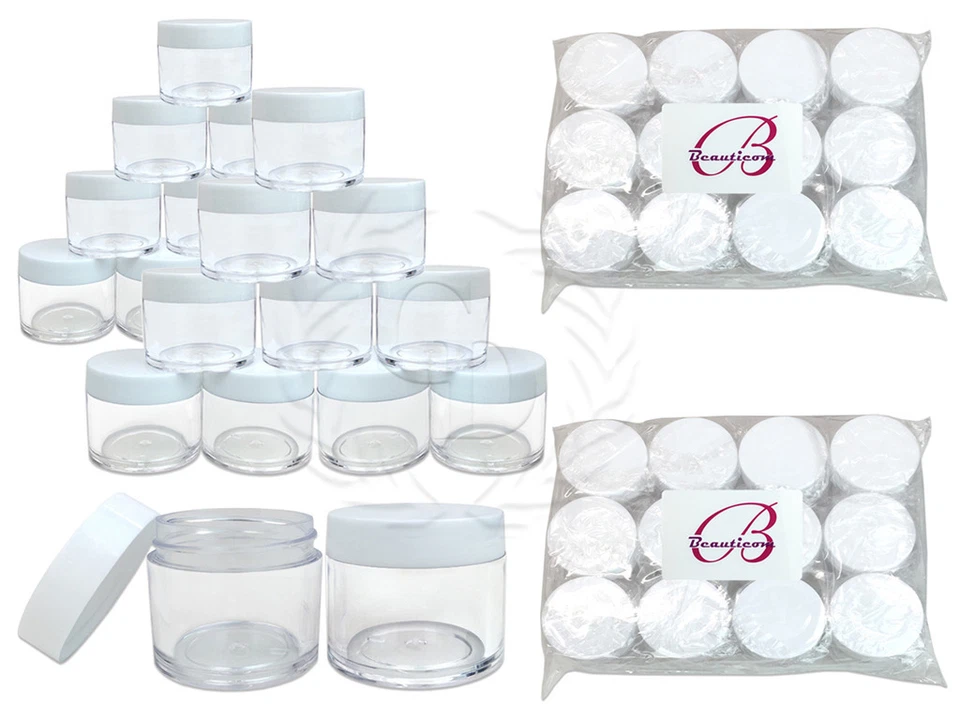 24 Pieces 30 Gram/30ml Plastic Clear Sample Jar Containers with White Flat Lids - Image 1 of 1