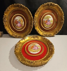 3 Vint Porcelain Cameo Velvet Gold Plastic Frame Wall Hanging Courting Couple - Picture 1 of 16