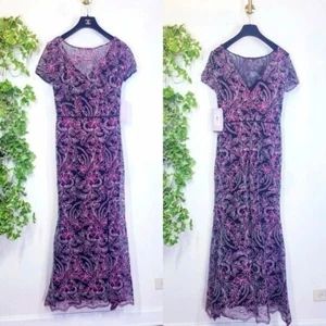 Long Evening Dress 2 XS Purple Black Floral Mermaid Wedding JS COLLECTIONS New - Picture 1 of 11
