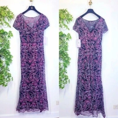 Long Evening Dress 2 XS Purple Black Floral Mermaid Wedding JS COLLECTIONS New - Image 1 of 4