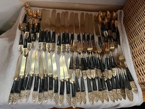 Large Lot of Thailand Gold w Black Wood & Buddha Handled 12 pc Flatware Silverwa - Picture 1 of 24