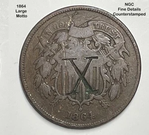 1864 LARGE MOTTO TWO CENT PIECE COUNTERMARK NGC FINE DETAILS - Picture 1 of 4