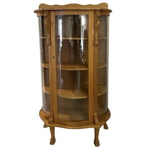Early 1900s Lion Heads Claw Feet Oak Display Curio Cabinet Cupboard With Key - Picture 1 of 16