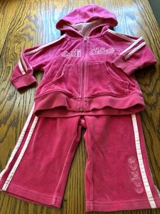 Adidas Jog Suit Hoodie Zip Pink Velour Sz 12 Months Sweatsuit Tracksuit Girl - Picture 1 of 10