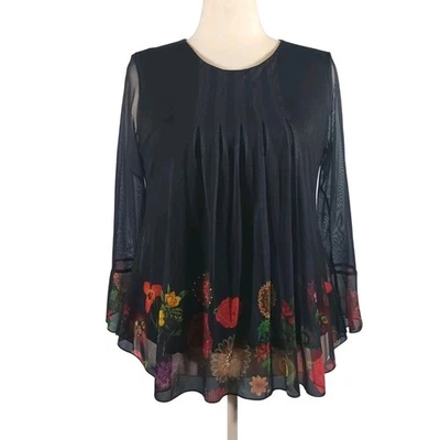 Desigual 花卉衬衫女式大码长袖上衣透明网眼覆盖蓝色 — 第 1/4 张图片