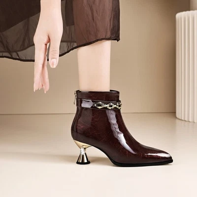 Elegantes Botas Femininas Salto Alto Couro com Zíper Corrente Biqueira Pontiaguda Sapatos de Festa Tamanho - Imagem 1 de 4