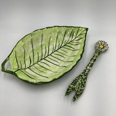 Vintage Ceramic Leaf Snack Dish with Daisy Fork Set - Image 1 of 4
