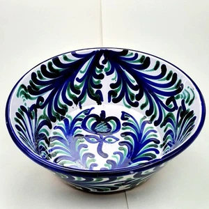Vintage Lebrillo De Fajalauza Hand Painted Spanish Terracotta Pottery Bowl Blue - Picture 1 of 13