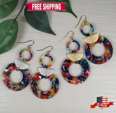 Multi Rainbow Color Acrylic Hoop Boho Statement Earrings, Platinum or 18K Wires - Image 1 of 4