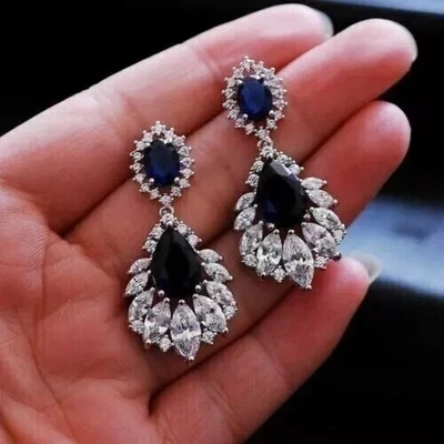 2Ct Pear Lab Created Blue Sapphire Drop Dangle Earring 14K White Gold Plated - Image 1 of 3