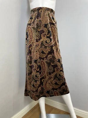 Falda midi vintage de terciopelo Coldwater Creek talla 10 estampado cachemir marrón tono tierra Foto 1 de 4