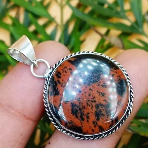 Joyería colgante redonda de 1 pieza enchapada en plata de ley 925 con piedras preciosas de jaspe de caoba - Imagen 1 de 3