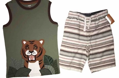 Gymboree Safari boys green brown size 7 tiger tank striped linen shorts New - Image 1 of 4
