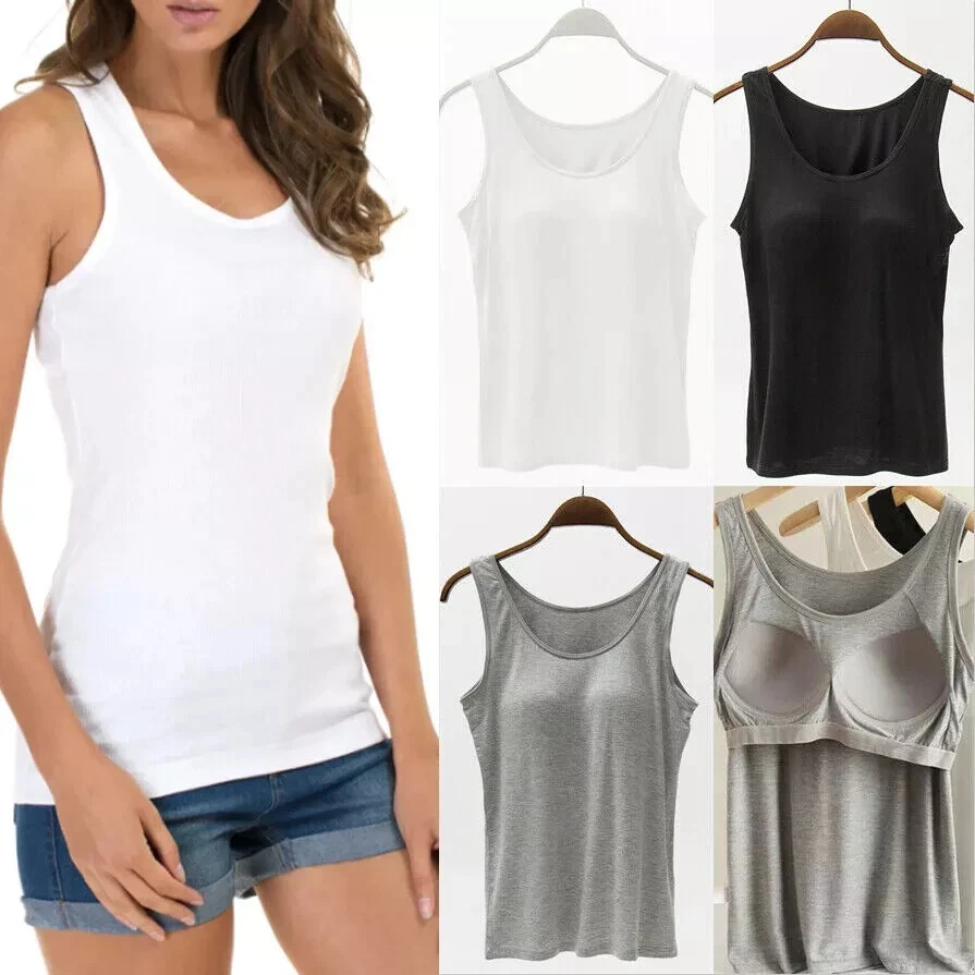 Emmalise Women's Built-in Bra Camisoles 4-Pack - Wireless Support Tanks In White, Grey, Denim, Navy (Medium)