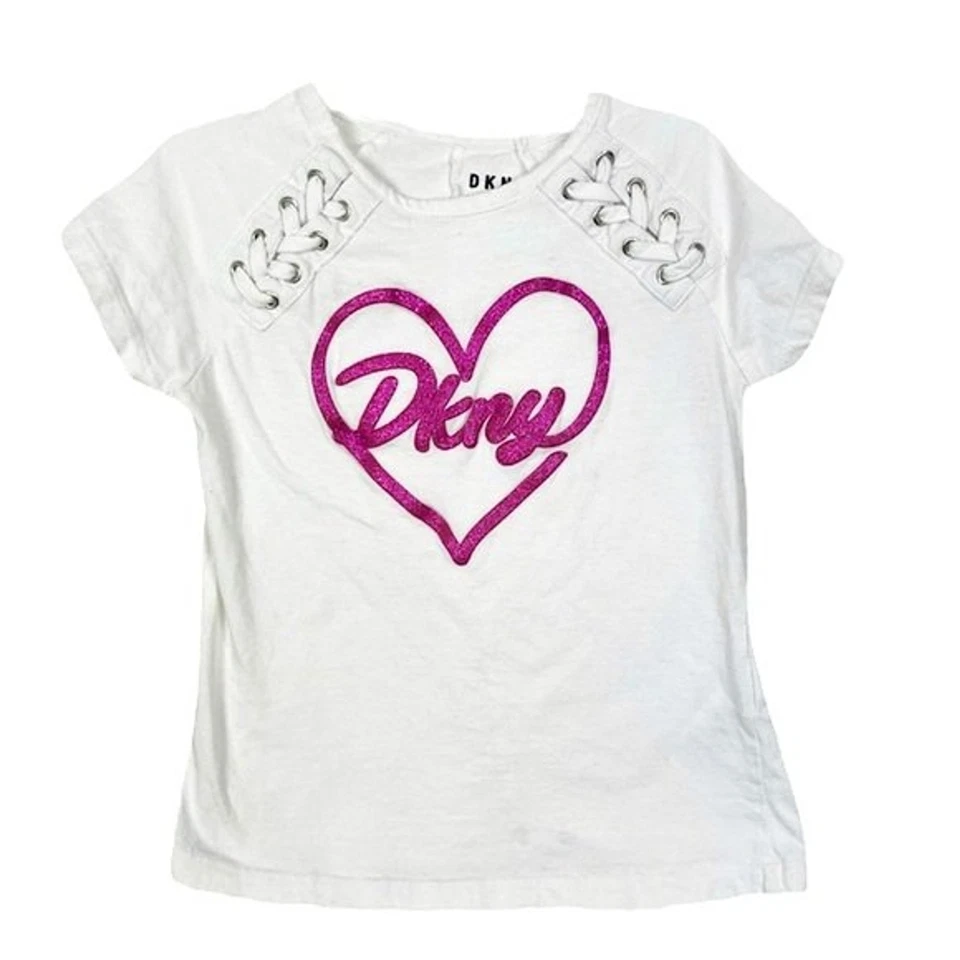 DKNY Shirt 6 Girls White Short Sleeve Tee Shirt Pink Glitter Spellout Kids Youth - Image 1 of 4