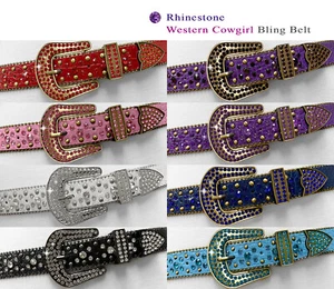 35158 Rhinestone Belts Western Bling Crystal Studded Leather Belt 1-3/8" wide - Picture 1 of 11