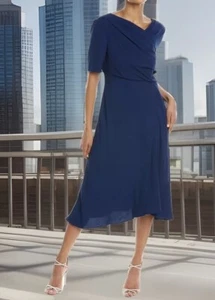 Adrianna Papell soft draped Midi dress SZ 6 Blue Ruffle front holidays NTW - Picture 1 of 13