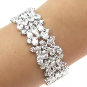 925 Sterling Silver Round & Oval-Cut C Z Cluster Link Bracelet 8" - Picture 1 of 7