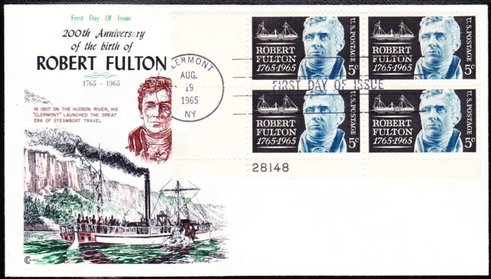 US 1965 Robert Fulton Plate Block  FDC (1270) . Cover Craft Cachet - Image 1 of 1