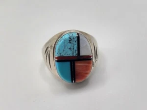 Mens Native American Sterling Multi Stone Inlay Spiny Oyster Turquoise MOP Sz 10 - Picture 1 of 7