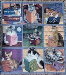 Coperta lancio gatti gatti lettura libri cotone tessuto amante dei gatti regalo made in USA multi - Foto 1 di 17