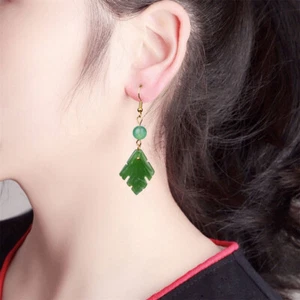 Charm Green Jade Maple Leaf Drop Dangle Lucky Earring Woman's Hook Earrings - Picture 1 of 5