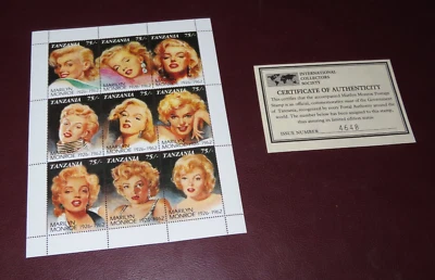 Hoja 9 estampillas postales conmemorativas de Tanzania de Marilyn Monroe 1992 de 75 centavos con certificado de autenticidad Foto 1 de 4