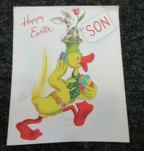 Vintage Unused NORCROSS EASTER Card to SON ANTHROPOMORPHIC DUCK & RABBIT FEATHER - Picture 1 of 7