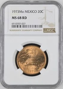 1973 MEXICO 20 CENTAVOS NGC MS-68 RD - TOP POP - Picture 1 of 2