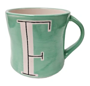 Anthropologie Teal Monogram Mug F Initial Letter 12oz Hand Painted - Picture 1 of 7