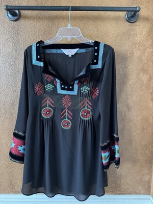 Blusa Roja Negra Turquesa Bordada Piedras Western Boho Manga Larga Talla S Foto 1 de 4
