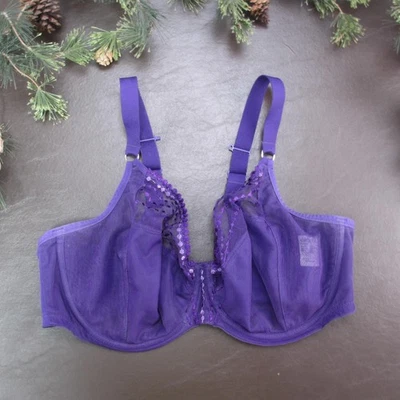Elomi Bra Womens 38H Purple Sheer Mesh Underwire Unlined Embroidered Tulle Iris - Image 1 of 4