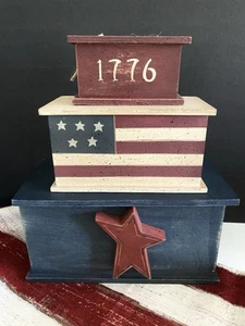 Set Patriotic 3 Nesting Wood Boxes Multicolor Primitive Folk Art Americana - Picture 1 of 10
