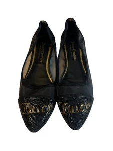 Juicy Couture Penny Shoes Womens 7.5 Sheer Mesh Flat Black Suede Rhinestone - Picture 1 of 12