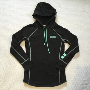 PINK Victoria's Secret Athletic Hoodie Sweatshirt Black&Mint Green Thumbholes M - Picture 1 of 8