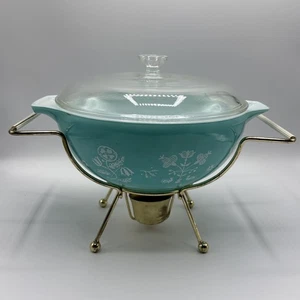 Pyrex 1959 Needlepoint Casserole Dish Promotional w/ Warming Cradle #443 (M) - Picture 1 of 21