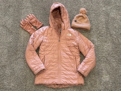 North Face Kids Girls Mossbud Swirl Soft Fur Lined Coat Gloves Hat Pink L 14 16 - Image 1 of 4