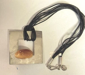 Grande collana Mariusz Gliwinski in argento sterling, ambra e pelle. Nuovo con etichetta - Foto 1 di 8