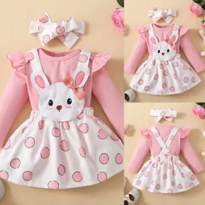 Baby Girl Rabbit Printed Round Neck Rompers Long Sleeve Pullover Shirt Dress Set - Picture 1 of 13
