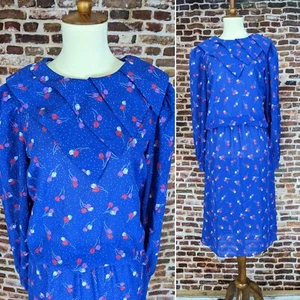 Vintage 80's Dress Blue Polka Dot Print Tulips Flower Size 7 8 M Long Sleeves - Picture 1 of 10